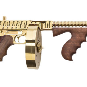 Thompson T150DTGTS 1927A-1 Deluxe 45 ACP Caliber with 16.50" Barrel, 20+1 Capacity (Stick), 50+1 Capacity (Drum), Gold w/Tiger Stripe Metal Finish, American Walnut Stock Wood Grip Right Hand