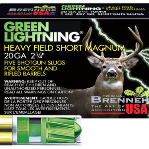 Brenneke SL202HFSGL Green Lightning Heavy Field Short Magnum 20Gauge 2.75" 1oz Slug Shot 5 Per Box/50 Case