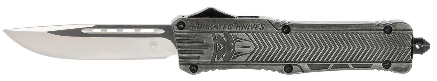 CobraTec Knives LSWCTK1LDNS CTK-1 Large 3.75" OTF Drop Point Plain D2 Steel Blade/ Stonewashed Aluminum Handle Features Glass Breaker Includes Pocket Clip