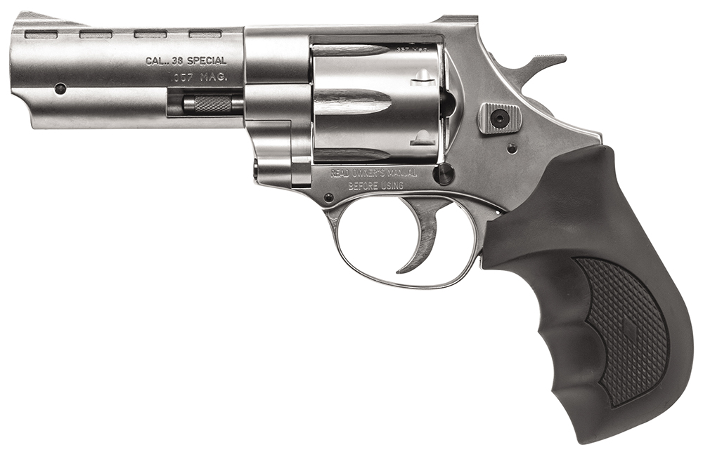 Weihrauch Guns 770128 Windicator Medium Frame 357 Mag 6 Shot, 4″ Nickel Steel Barrel, Nickel Cylinder, Nickel Steel Frame, Black Finger Grooved Rubber Grip, Spurred Hammer