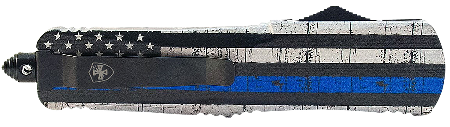 Templar Knife MBTB131 Gen II Back The Blue Slim 3.43" OTF Dagger Plain Black Oxide Stonewashed 440C SS Blade, 5.05" Black & White w/Blue Line Aluminum Handle, Glass Breaker