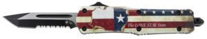 Templar Knife STX531 Gen II Texan Small 2.25" OTF Tanto Part Serrated Black Oxide Stonewashed 440C SS Blade, 4.31" Texas Flag Aluminum Handle, Glass Breaker