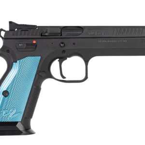 CZ-USA 91220 TS 2  9mm Luger 20+1 5.28" Blued Steel Barrel, Black Serrated Steel Slide, Black Polycoat Steel Frame w/Beavertail, Blue Checkered Aluminum Grip, Ambidextrous
