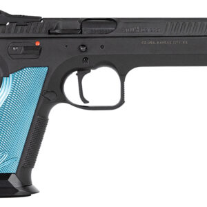 CZ-USA 91222 TS 2  40 S&W 17+1 5.28" Black Steel Barrel, Black Serrated Steel Slide, Black Polycoat Steel Frame w/Beavertail, Blue Checkered Aluminum Grip, Ambidextrous