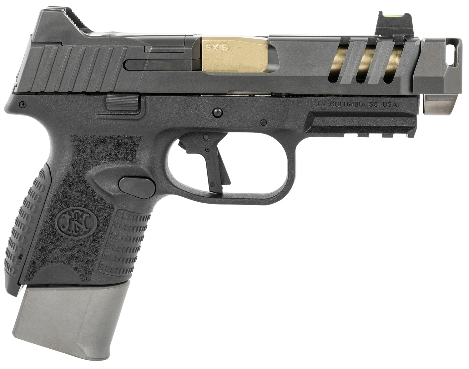 FN 66101347 509 CC Edge 9mm Luger 12+1/15+1 (2) 4.20" Threaded Gold Barrel, Black Frame, Graphite Optic & Lightening Cut Slide, Optic Height Fiber Optic Sights, Compensator (No Manual)