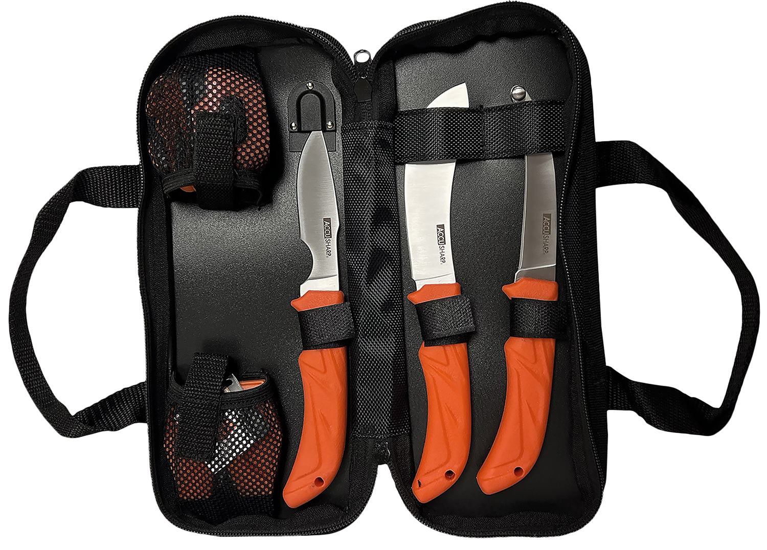 AccuSharp 738C Processing Kit Fixed Butcher/Caping/Gutting Plain Stainless Steel Blades/Blaze Orange Non-Slip Grip 6 Piece Includes Nylon Case
