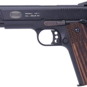 Mauser Rimfire 4110608 1911  22 LR 10+1 5" Black Steel Barrel, Black Serrated Aluminum Slide, Black Aluminum Frame w/Beavertail, Molded Wood Flag Grip, Ambidextrous