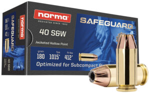 Norma Ammunition 801407727  Safeguard 40S&W 180gr Jacketed Hollow Point 50 Per Box/20 Case
