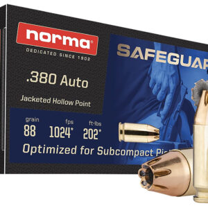 Norma Ammunition 803807680  Safeguard 380ACP 88gr Jacketed Hollow Point 50 Per Box/20 Case