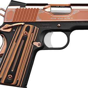Kimber Mfg, Inc 3200372 Ultra II  9mm Luger 8+1 3" Stainless Match Grade Barrel, Engraved Rose Gold PVD Serrated Stainless Steel Slide, Kimpro II Black Aluminum Frame w/Beavertail, G10 Grip