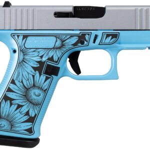 Glock UX4350204FRDAISYBLUESlim Sub-Compact Frame 9mm Luger 10+1 3.41" Black GMB Barrel, Serrated Steel Slide, Blue Cerakote Polymer Frame w/Black Daisy Laser Engraving Grip, Front Rail