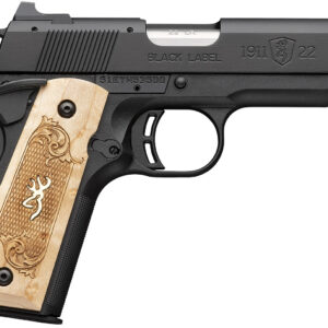 Browning 051068490 1911-22 Black Label Medallion Compact Frame 22 LR 10+1 3.63" Stainless Steel Barrel, Matte Black Serrated Slide, Matte Black Aluminum Frame w/Beavertail, Maple Medallion Grip