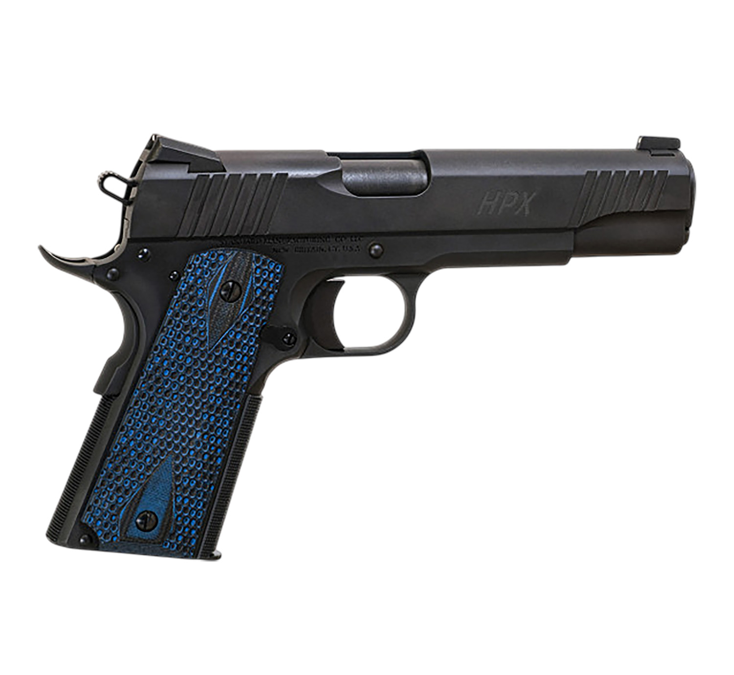 Standard Mfg 1911 HPX Full Size Frame 45 ACP 7+1 5" Black Match Grade Barrel, Satin Steel Serrated Slide, Black Satin Steel Frame w/Beavertail, Black/Blue Honeycomb Grip