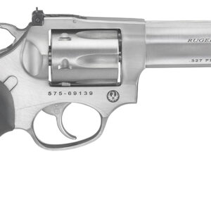 Ruger 5773 SP101  Small Frame 327 Federal Mag 6rd, 4.20" Satin Stainless Steel Barrel, Cylinder & Frame, Black Rubber w/Wood Insert Grip, Exposed Hammer, Transfer Bar Safety