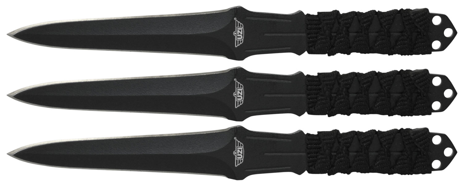Uzi Accessories UZKTRW003 Throwing Knives 3" Fixed Straight Back Plain Black Stainless Steel Blade Black Nylon Cord Wrapped Handle