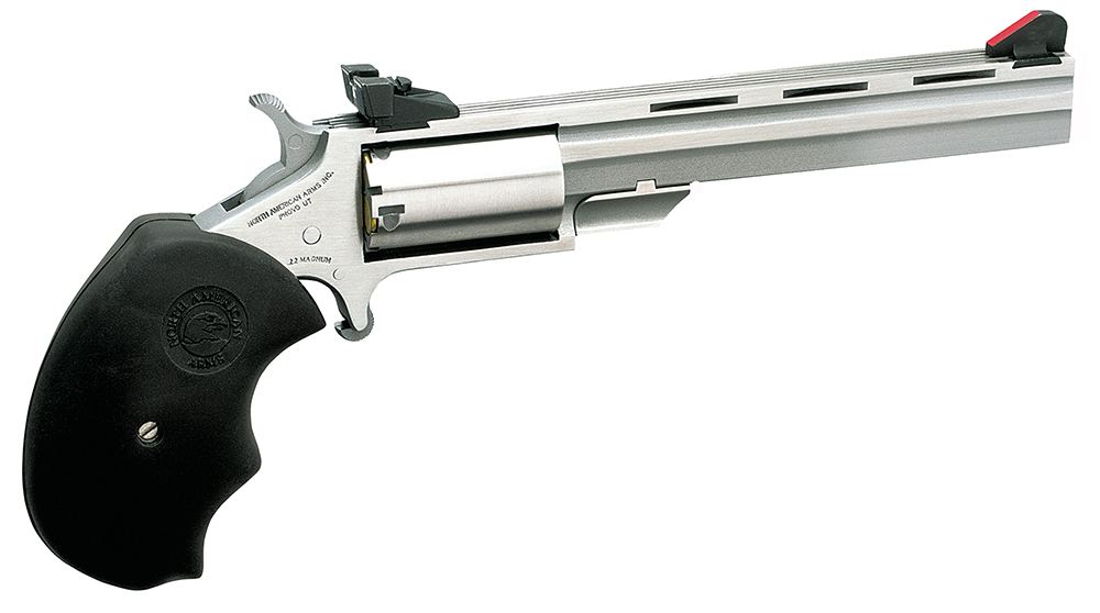 North American Arms MMTM Mini-Master *CA Compliant 22 WMR 5 Shot 4" Stainless Steel Vent Rib Barrel, Stainless Steel Frame, Stainless Cylinder, Black Finger Grooved Rubber Grip, Exposed Hammer