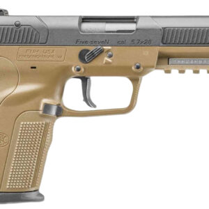 FN 3868929352 Five-seveN *CA Compliant 5.7x28mm 10+1 4.80" Black Steel Barrel, Black Serrated Steel Slide & Polymer Frame w/Picatinny Rail, FDE Textured Polymer Grip, Ambidextrous