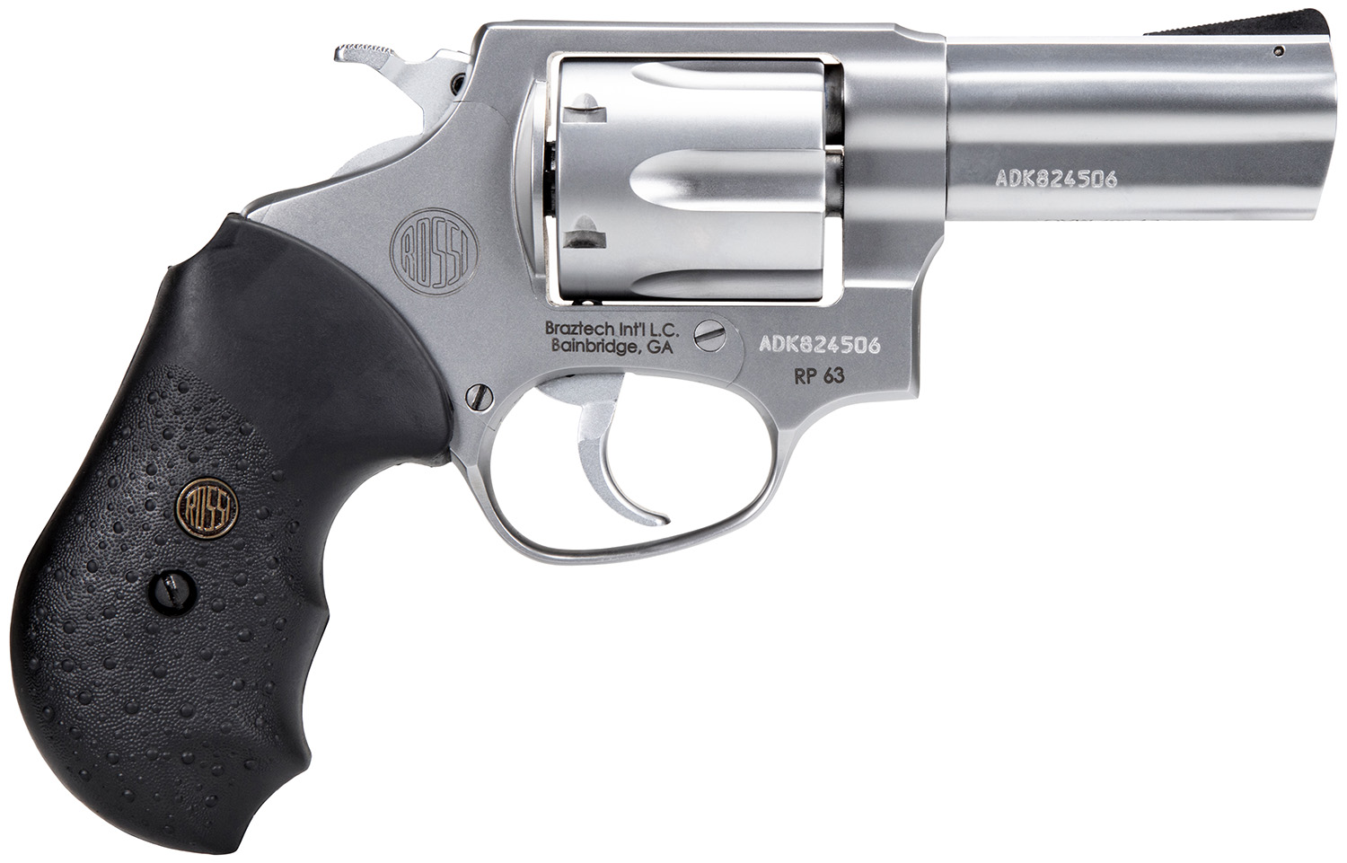Rossi 2RP639 RP63 Small Frame 357 Mag 6 Shot, 3" Satin Stainless Steel Barrel, Cylinder & Frame, Black Textured Rubber Grip, Hammer Block Safety, Exposed Hammer