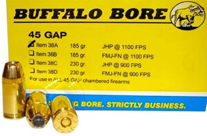 Buffalo Bore Ammunition 38A20 Personal Defense Strictly Business 45GAP 185gr Jacket Hollow Point 20 Per Box/12 Case