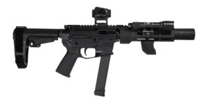Shark Coast Tactical SCC06704SPBO9-D Sneeky Pete Deluxe w/Optic 9mm Luger 30+1 5.50" Black Melonite Threaded Barrel, Black Cerakote Receiver, SB Tactical SBA3 Brace, Vortex Crossfire Red Dot, Streamli